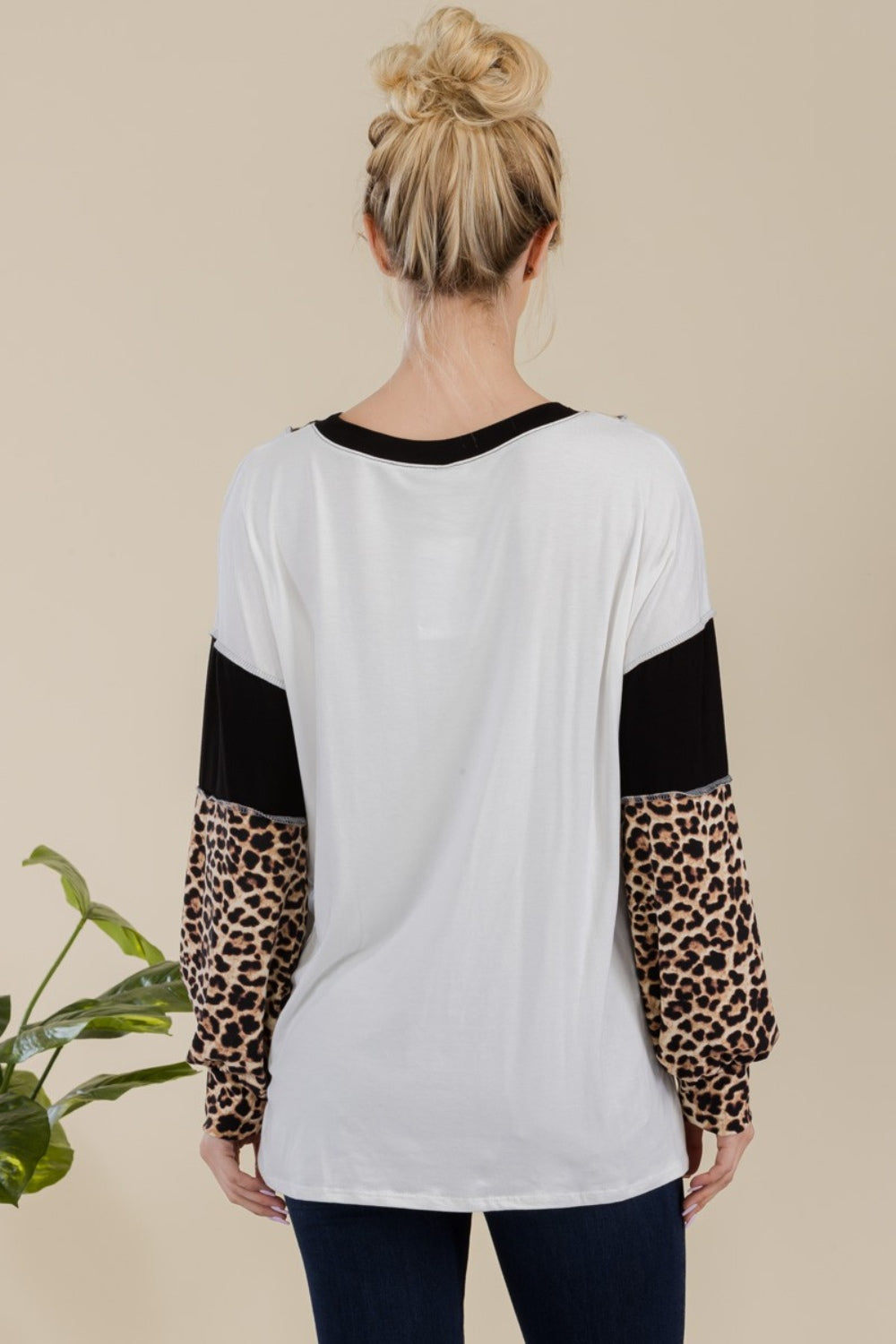 Celeste Full Size Leopard Color Block Exposed Seam T-Shirt-110 Long Sleeve Tops-Inspired by Justeen-Women's Clothing Boutique