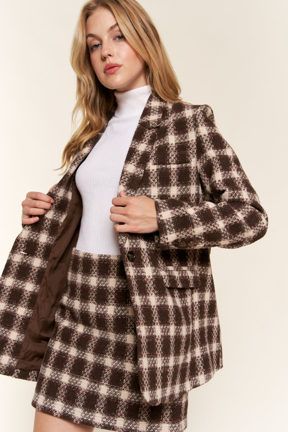 And The Why Full Size Plaid Brushed One Button Blazer-Outerwear-Inspired by Justeen-Women's Clothing Boutique