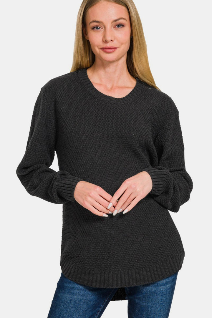 Zenana Full Size Round Neck Long Sleeve Curved Hem Sweater-Sweaters/Sweatshirts-Inspired by Justeen-Women's Clothing Boutique