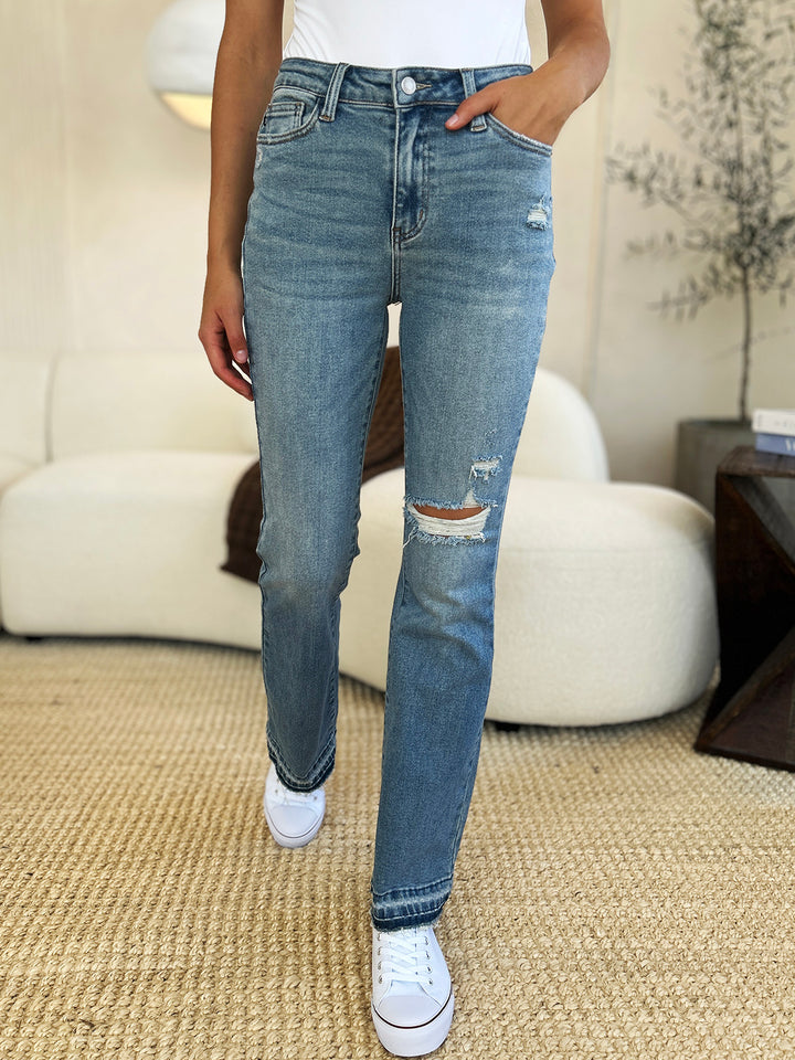 Judy Blue Full Size Mid Rise Destroyed Hem Distressed Jeans-Denim-Inspired by Justeen-Women's Clothing Boutique