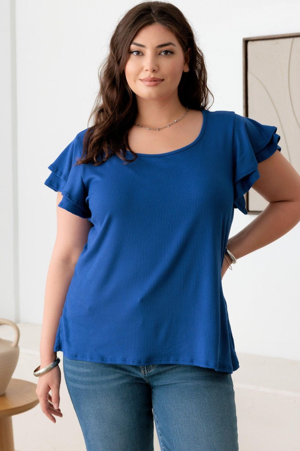 Gilli Plus Size Short Fluttery Sleeve Round Neck Top-100 Short Sleeve Tops-Inspired by Justeen-Women's Clothing Boutique