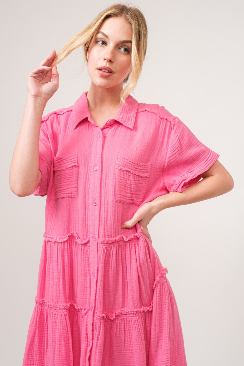 And The Why Full Size Raw Edge Washed Tiered Shirt Dress-Dresses-Inspired by Justeen-Women's Clothing Boutique