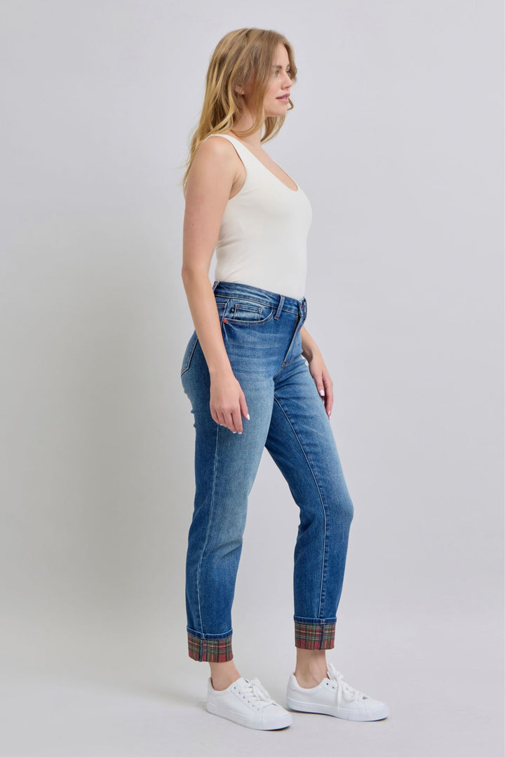 Judy Blue Full Size Plaid Print Cuff Straight Leg Jeans with Pockets-Denim-Inspired by Justeen-Women's Clothing Boutique