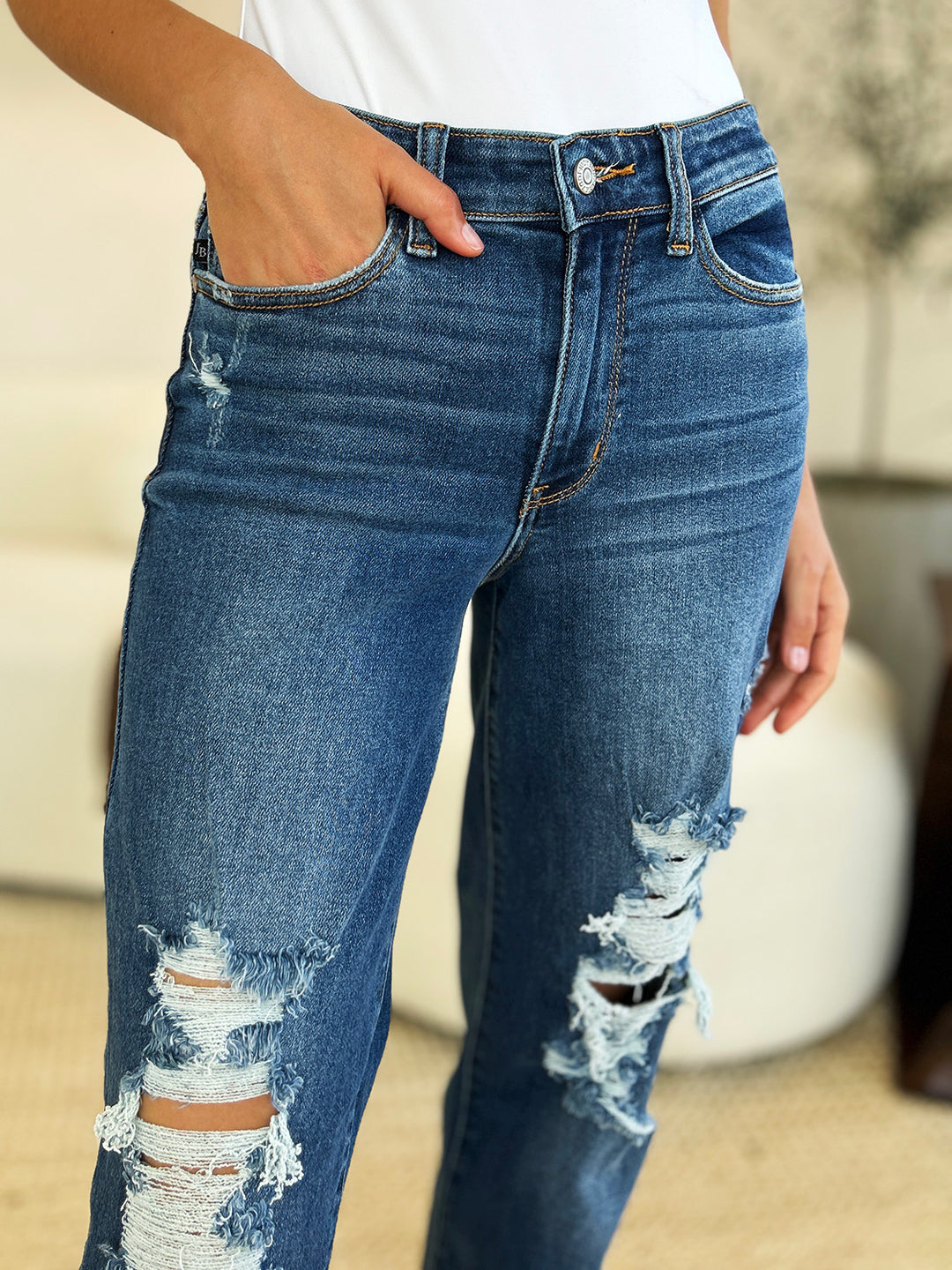 Judy Blue Full Size Mid Rise Distressed Raw Hem Jeans-Denim-Inspired by Justeen-Women's Clothing Boutique