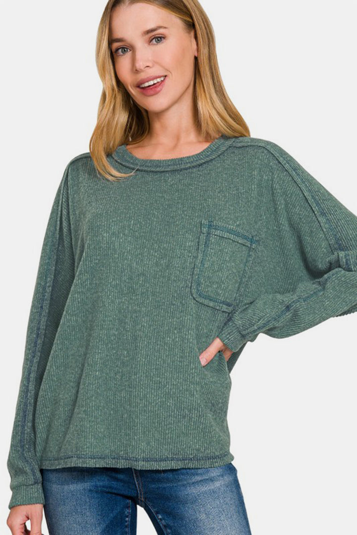 Zenana Full Size Contrast Stitching Brushed Ribbed Hacci Knit Top-110 Long Sleeve Tops-Inspired by Justeen-Women's Clothing Boutique