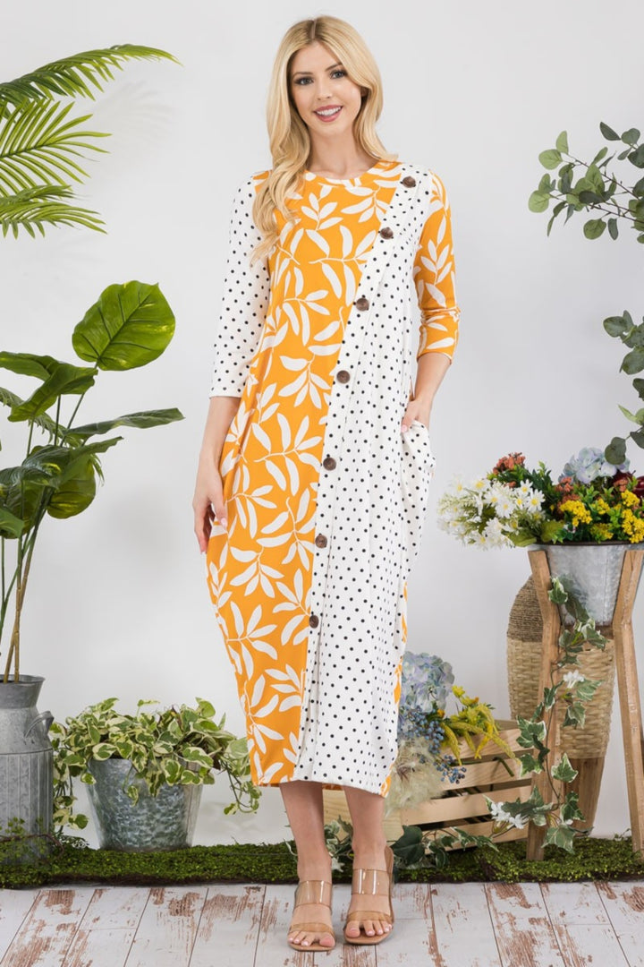 Celeste Full Size Floral Polka Dot Contrast Midi-Dress with Pockets-Dresses-Inspired by Justeen-Women's Clothing Boutique