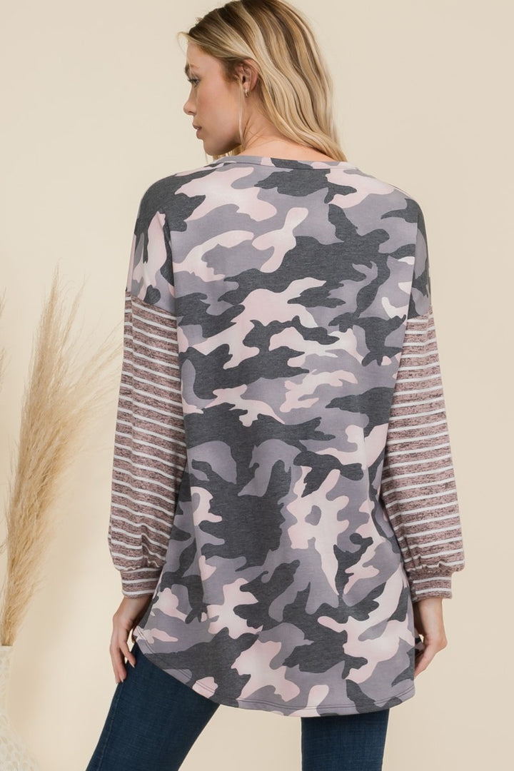 Celeste Full Size Camo Print High-Low T-Shirt with Stripe Sleeves-110 Long Sleeve Tops-Inspired by Justeen-Women's Clothing Boutique