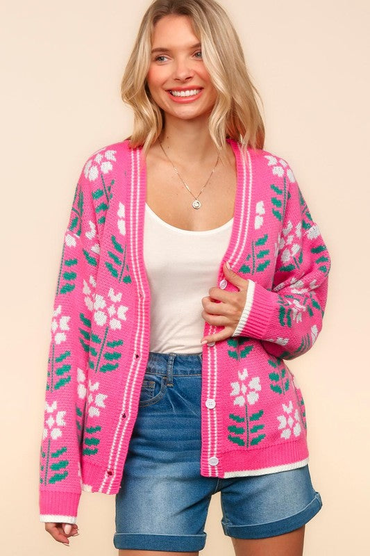 Haptics Full Size Floral Jacquard V-Neck Button Up Cardigan-Cardigans + Kimonos-Inspired by Justeen-Women's Clothing Boutique