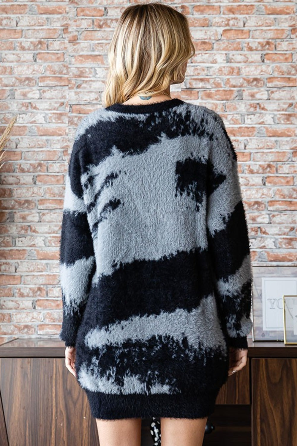 First Love Full Size Abstract Pattern Contrast Feather Yarn Sweater-Sweaters/Sweatshirts-Inspired by Justeen-Women's Clothing Boutique