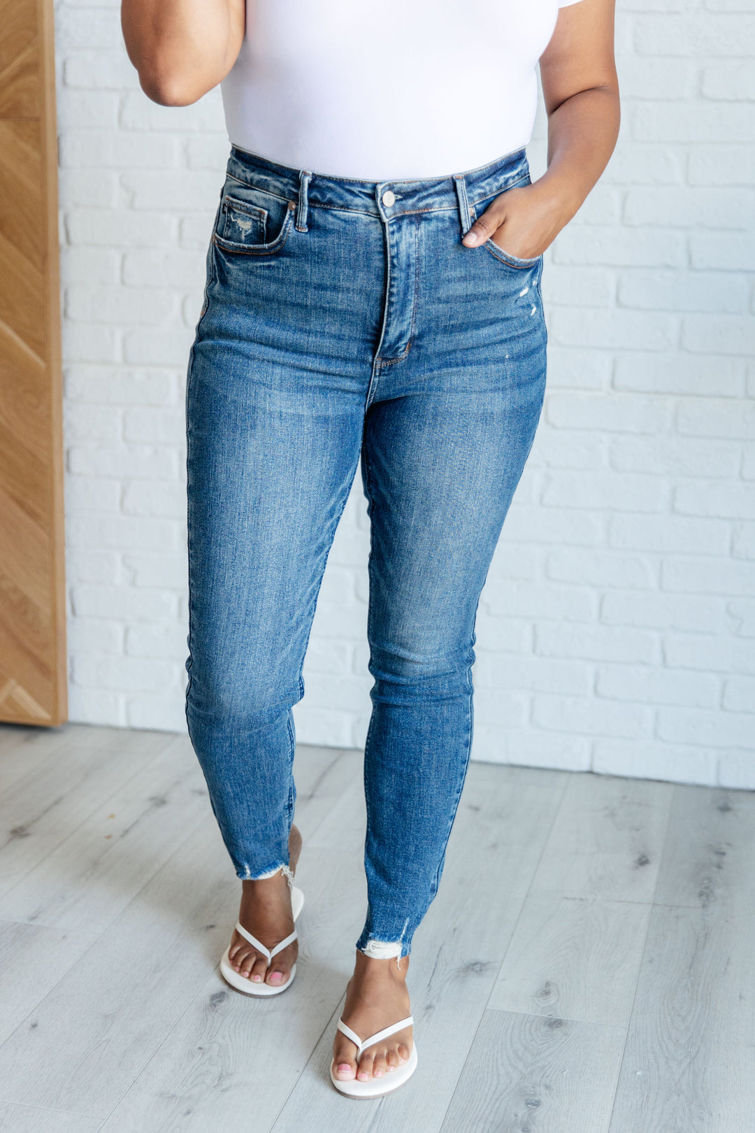 Alba High Rise Control Top Distressed Hem Skinny Jeans-Denim-Inspired by Justeen-Women's Clothing Boutique