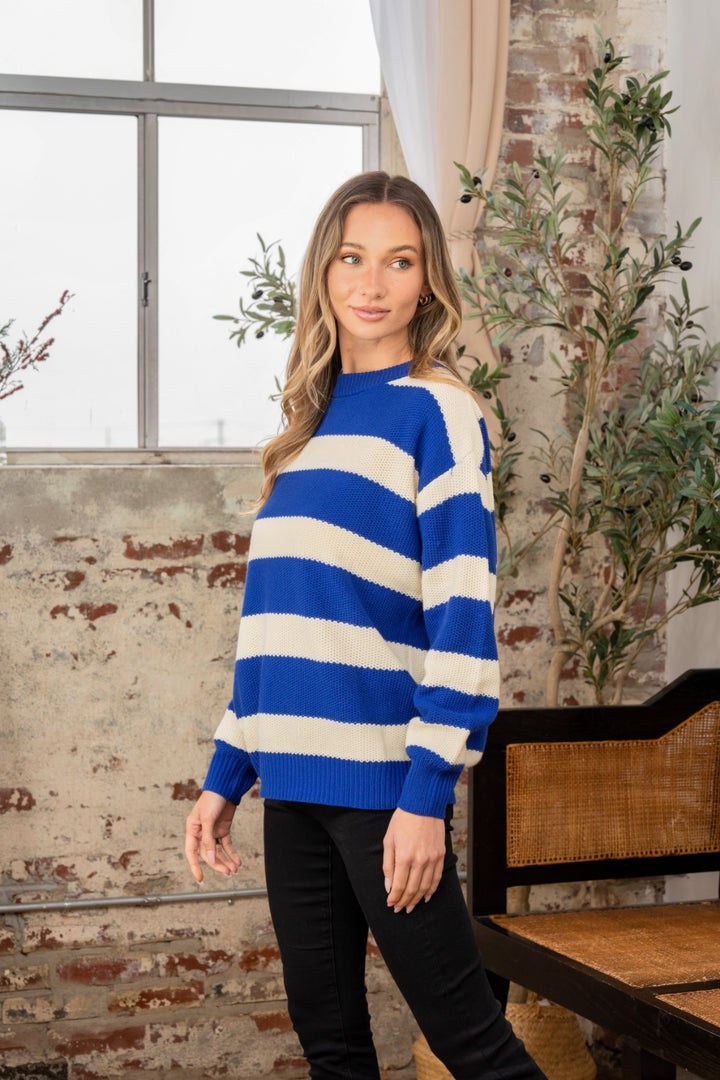 Sew In Love Full Size Contrast Striped Round Neck Sweater-110 Long Sleeve Tops-Inspired by Justeen-Women's Clothing Boutique