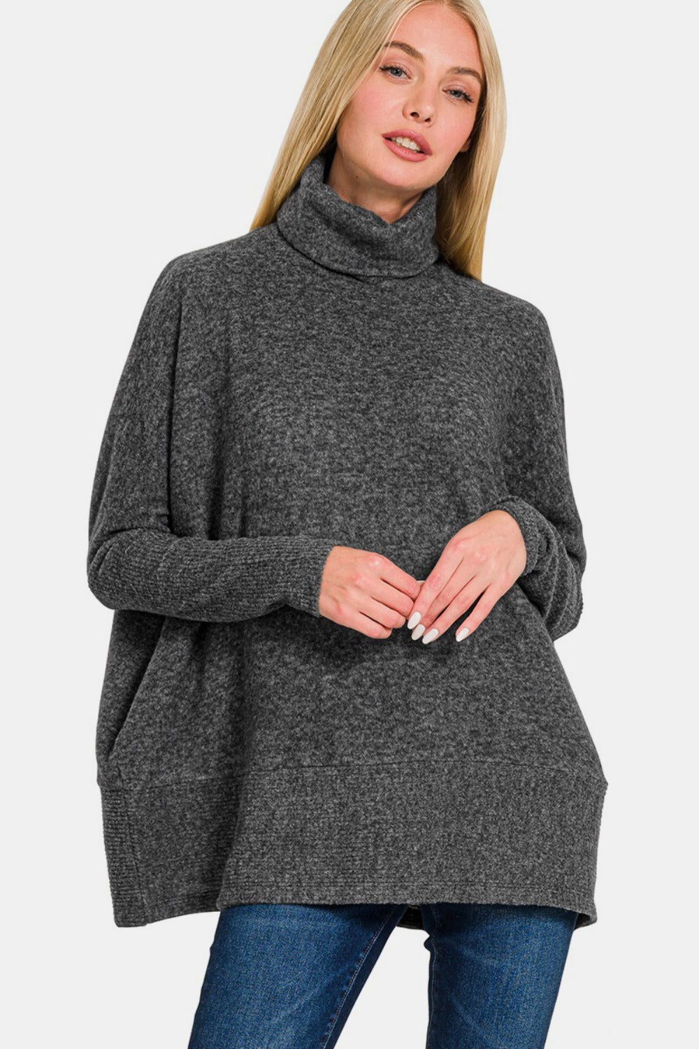 Zenana Full Size Brushed Melange Hacci Turtleneck Sweater-Sweaters/Sweatshirts-Inspired by Justeen-Women's Clothing Boutique