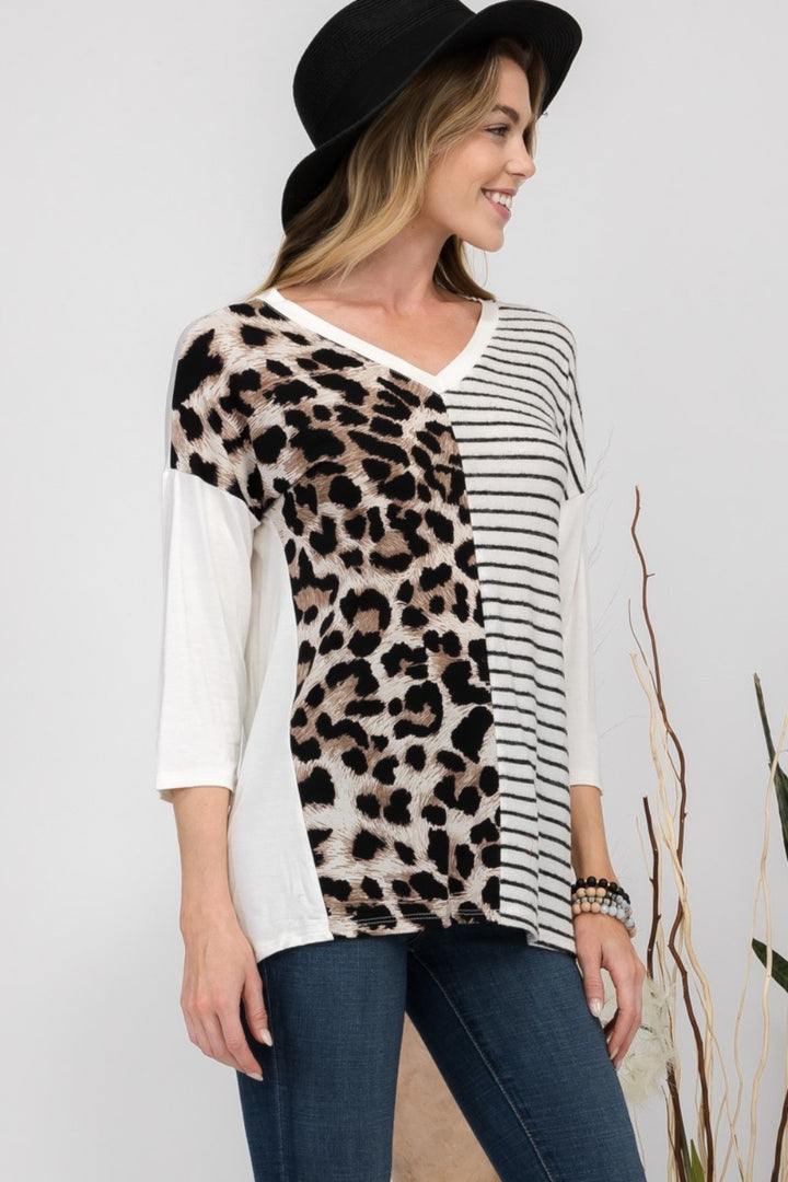 Celeste Full Size Front Leopard and Striped Print V-Neck T-Shirt-100 Short Sleeve Tops-Inspired by Justeen-Women's Clothing Boutique