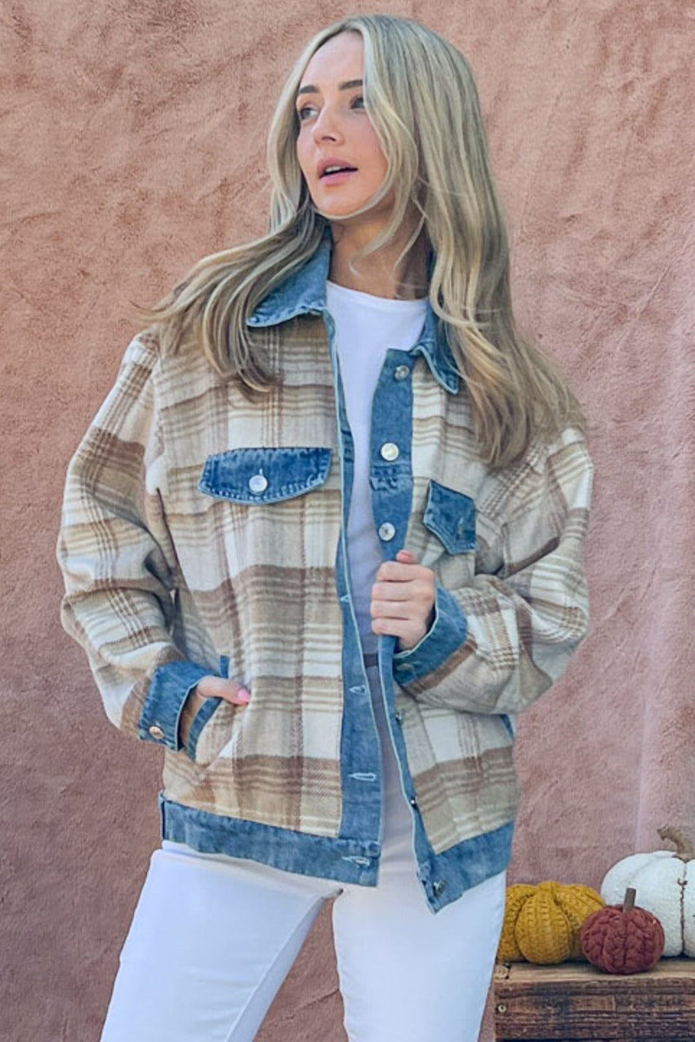 And The Why Full Size Washed Denim Detail Brushed Plaid Jacket-Outerwear-Inspired by Justeen-Women's Clothing Boutique