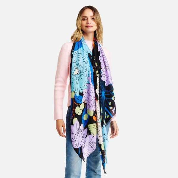 Sara Large Print Floral Scarf With Short Fringe Edge-Scarves-Inspired by Justeen-Women's Clothing Boutique in Chicago, Illinois