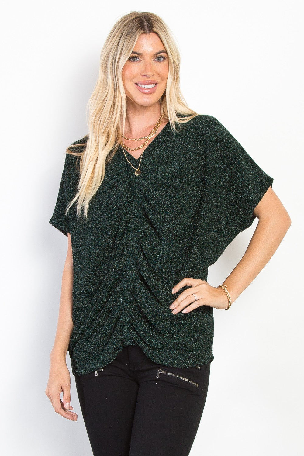 Be Stage Full Size Lurex Center Elastic Cinched Knit Top-100 Short Sleeve Tops-Inspired by Justeen-Women's Clothing Boutique