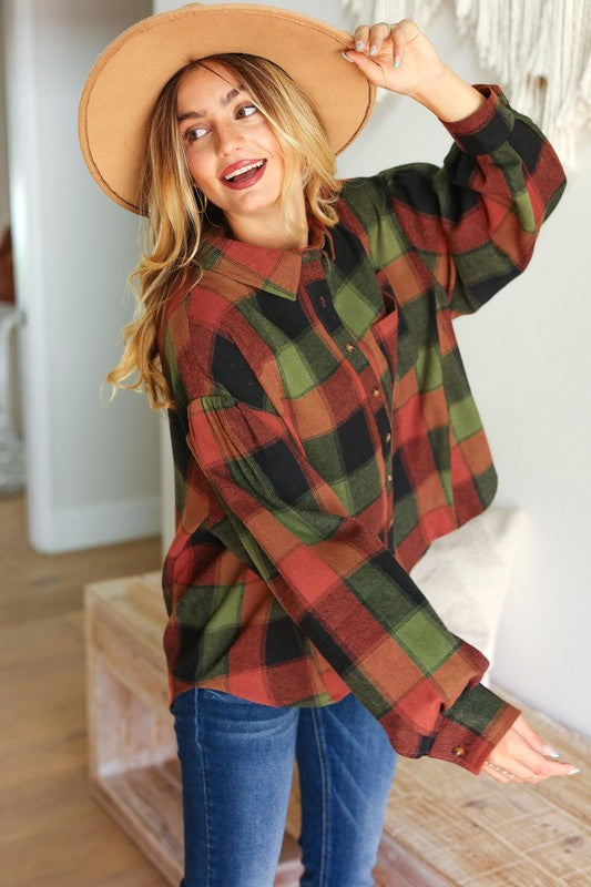 Rock'n Plaid Olive & Rust Button Down Oversized Shirt-Inspired by Justeen-Women's Clothing Boutique