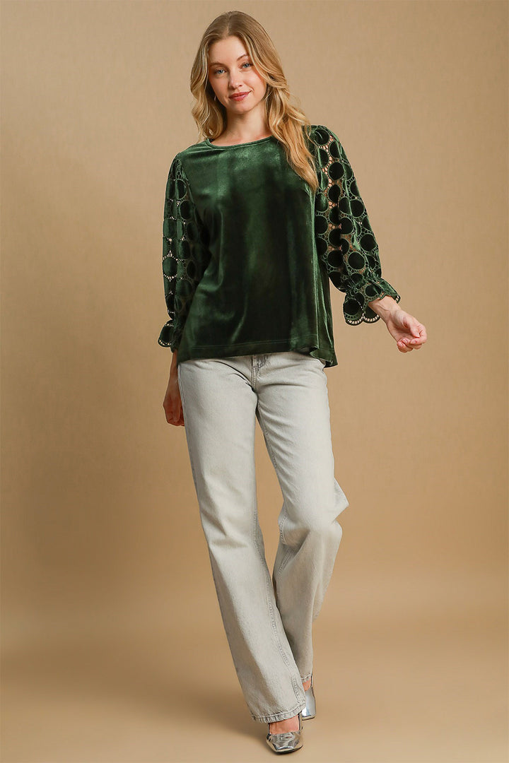 Umgee Polka Dot Lace Long Sleeve Round Neck Blouse-110 Long Sleeve Tops-Inspired by Justeen-Women's Clothing Boutique