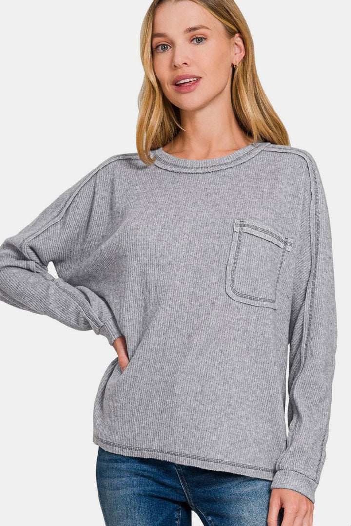 Zenana Full Size Contrast Stitching Brushed Ribbed Hacci Knit Top-110 Long Sleeve Tops-Inspired by Justeen-Women's Clothing Boutique