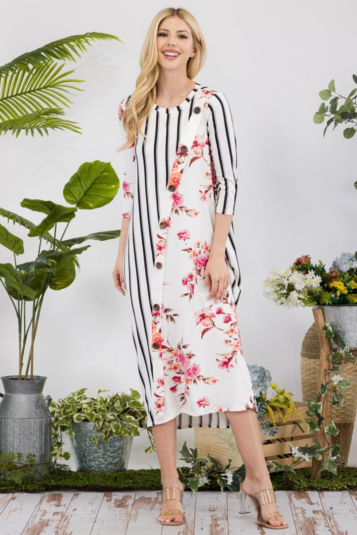 Celeste Full Size Floral Striped Contrast Midi-Dress with Pockets-Dresses-Inspired by Justeen-Women's Clothing Boutique