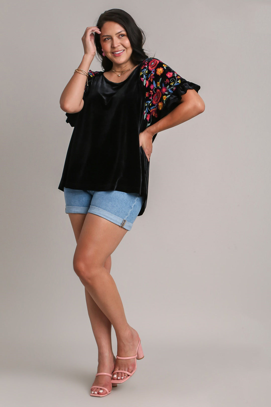 Umgee Full Size Velvet Embroidery Short Sleeve Blouse-100 Short Sleeve Tops-Inspired by Justeen-Women's Clothing Boutique