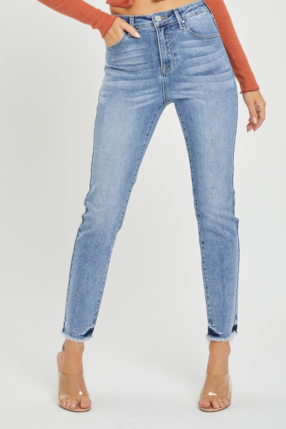 RISEN Full Size High Rise Frayed Hem Skinny Jeans-Denim-Inspired by Justeen-Women's Clothing Boutique in Chicago, Illinois