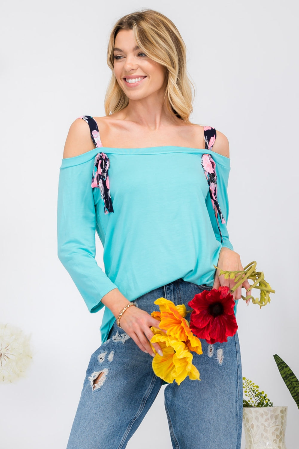 Celeste Full Size Tie-Strap Off-Shoulder Blouse-100 Short Sleeve Tops-Inspired by Justeen-Women's Clothing Boutique in Chicago, Illinois