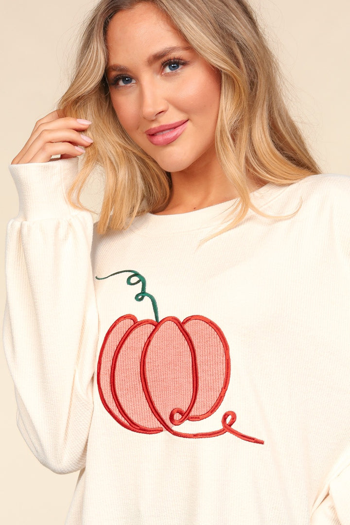 Haptics Full Size Embroidery Pumpkin Long Sleeve Knit Top-110 Long Sleeve Tops-Inspired by Justeen-Women's Clothing Boutique