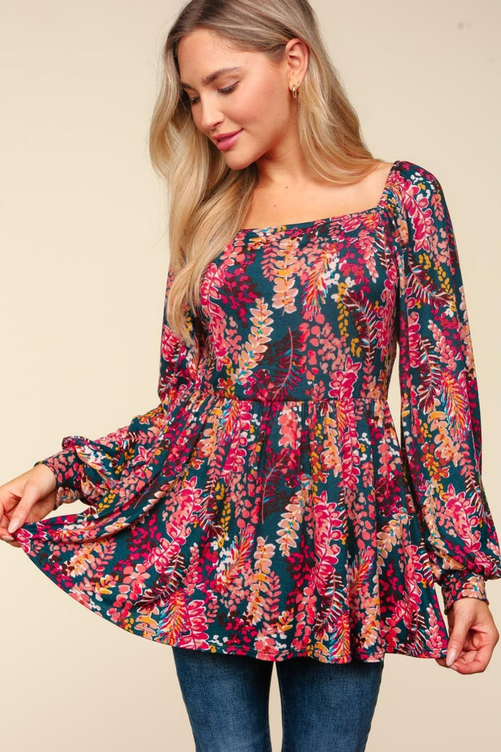 Haptics Full Size Peplum Floral Square Neck Blouse-110 Long Sleeve Tops-Inspired by Justeen-Women's Clothing Boutique