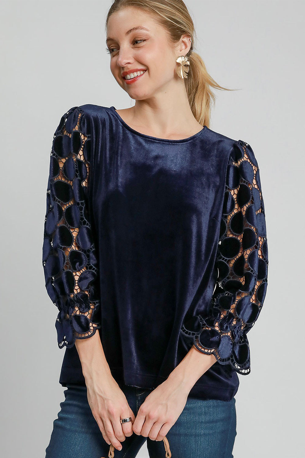 Umgee Polka Dot Lace Long Sleeve Round Neck Blouse-110 Long Sleeve Tops-Inspired by Justeen-Women's Clothing Boutique