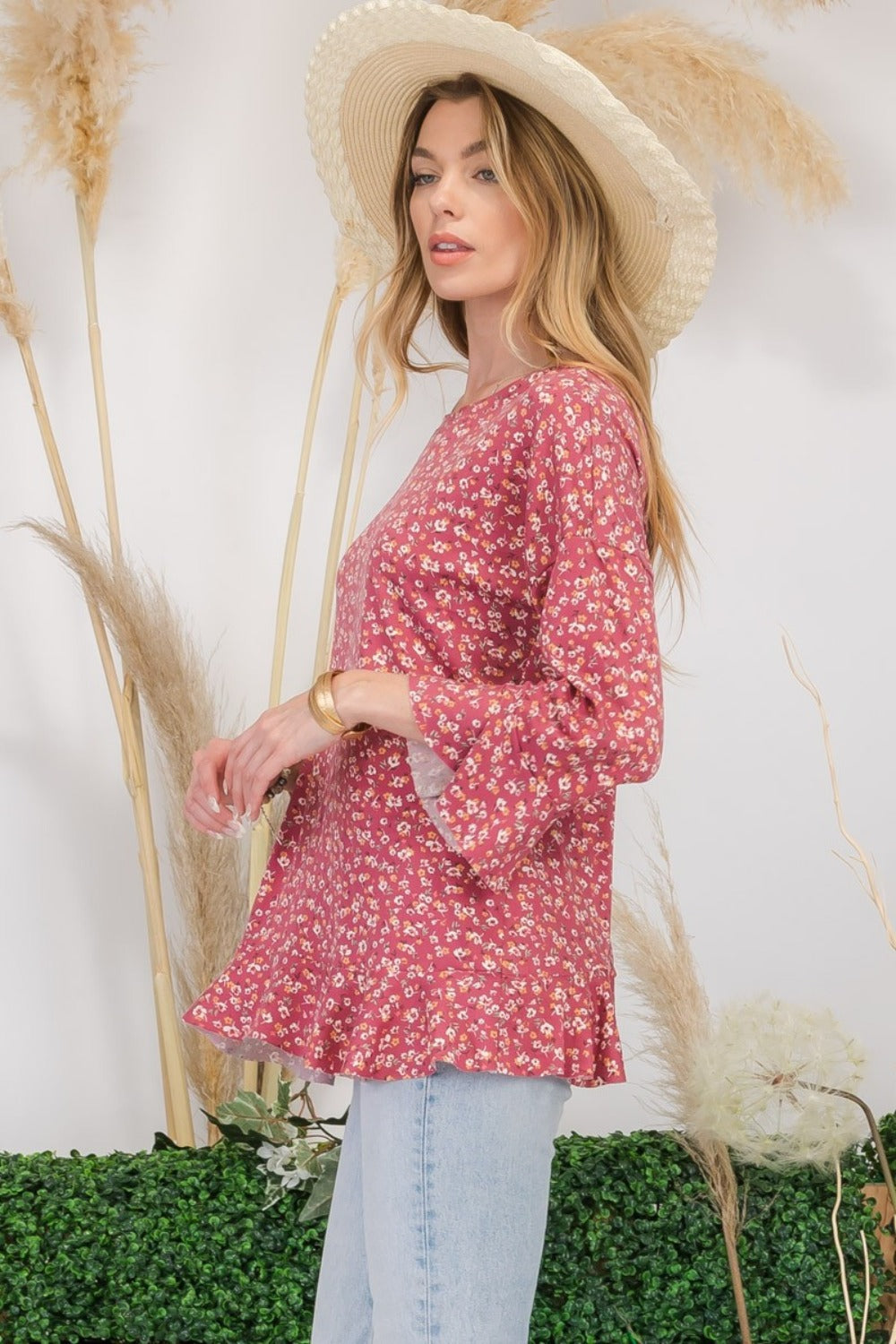 Celeste Full Size Floral Ruffle Detail Top-110 Long Sleeve Tops-Inspired by Justeen-Women's Clothing Boutique