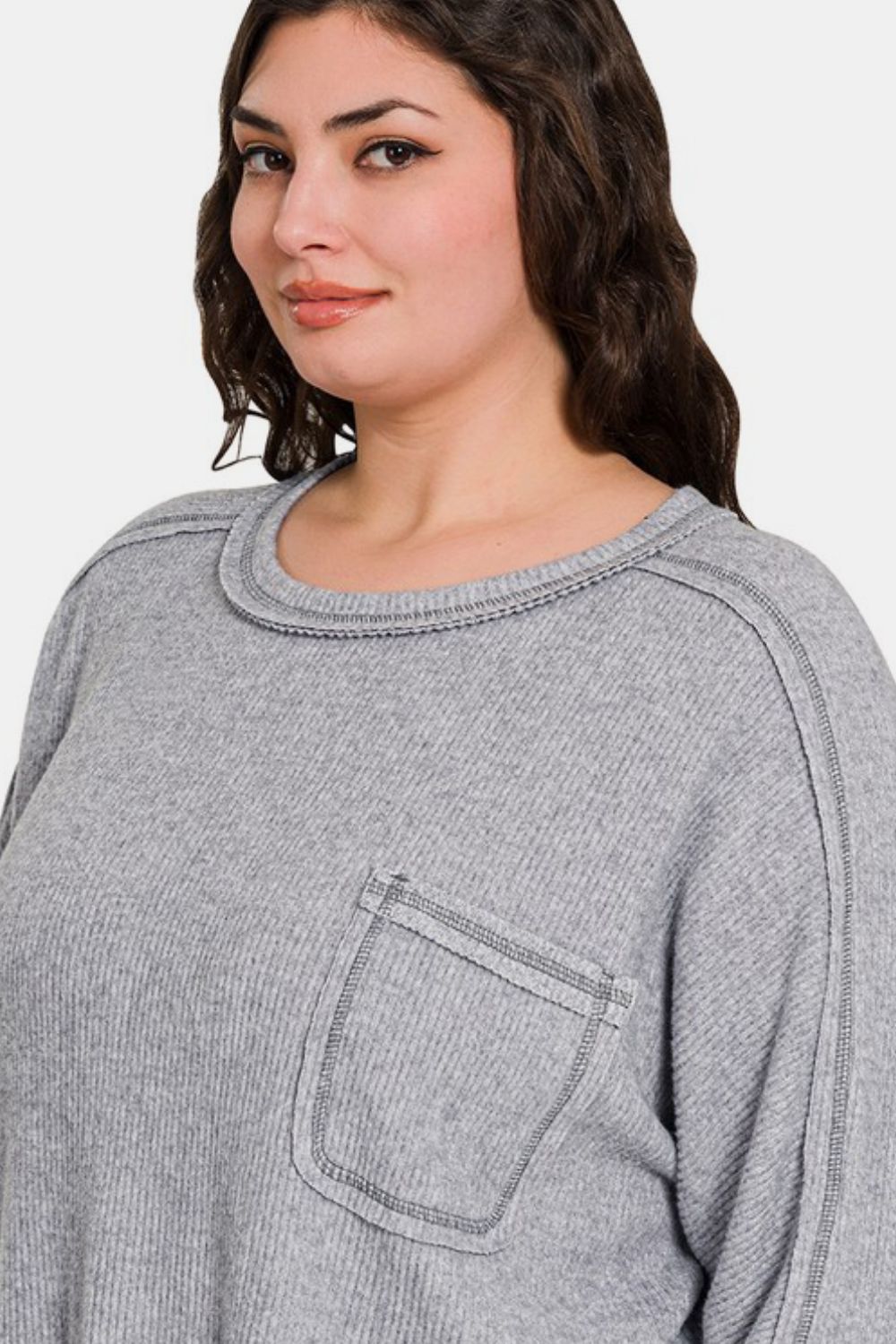 Zenana Full Size Contrast Stitching Brushed Ribbed Hacci Knit Top-110 Long Sleeve Tops-Inspired by Justeen-Women's Clothing Boutique