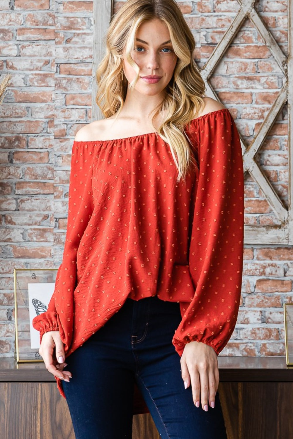 Heimish Full Size Swiss Dot Off Shoulder Top-110 Long Sleeve Tops-Inspired by Justeen-Women's Clothing Boutique