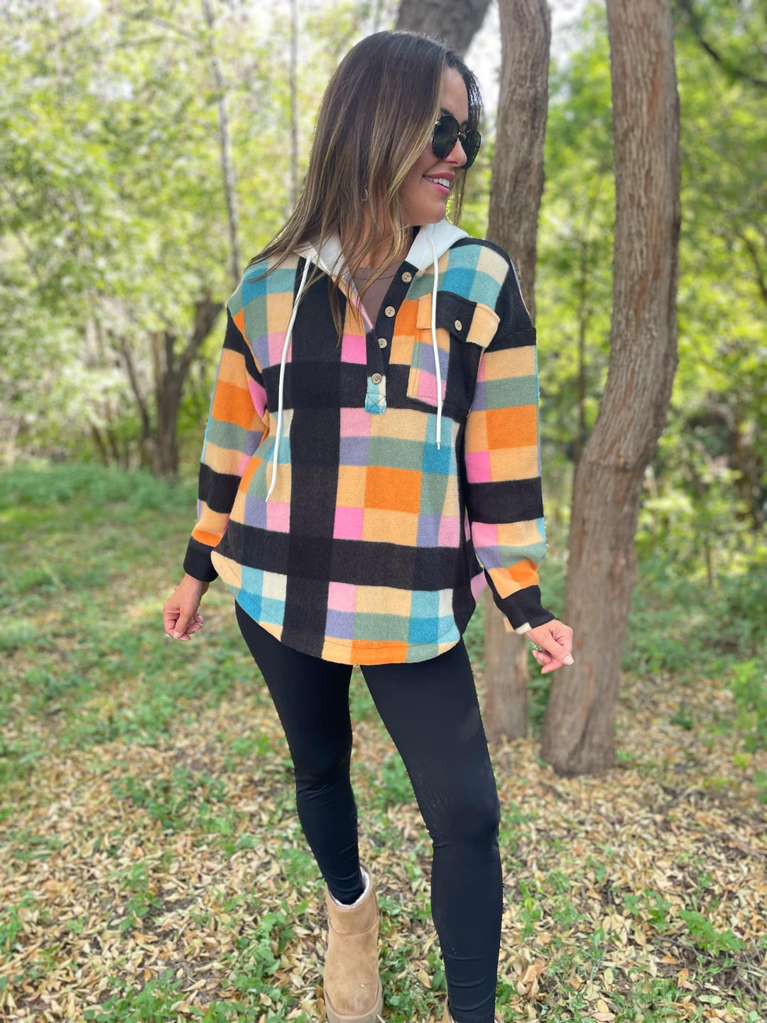 PREORDER: Rainbow Plaid Button Hoodie-Womens-Inspired by Justeen-Women's Clothing Boutique