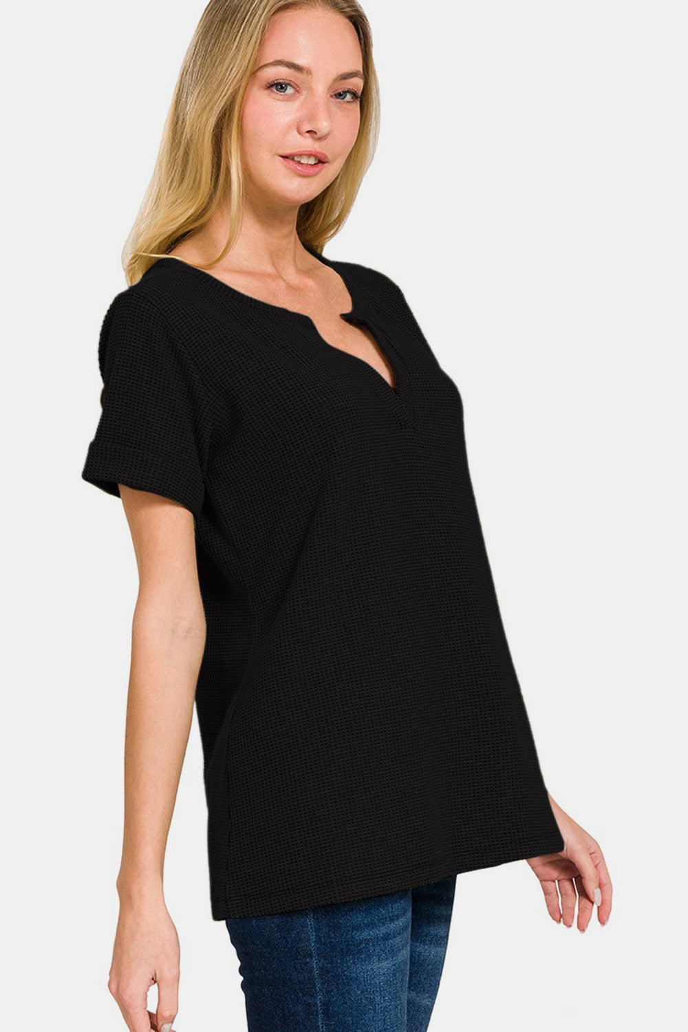 Zenana Notched Short Sleeve Waffle T-Shirt-Short Sleeve Tops-Inspired by Justeen-Women's Clothing Boutique in Chicago, Illinois