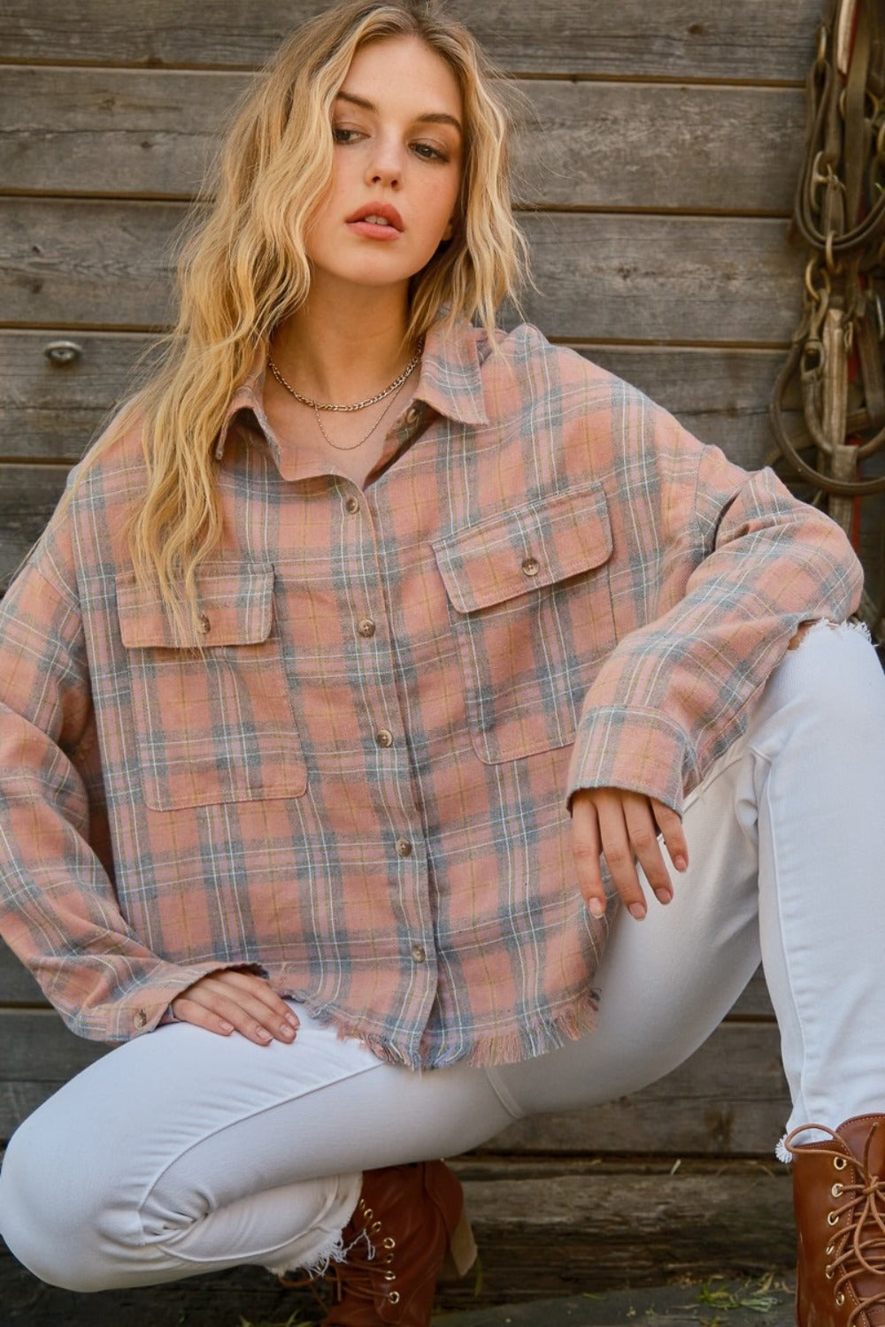 And The Why Full Size Plaid Button Up Raw Hem Shirt-Outerwear-Inspired by Justeen-Women's Clothing Boutique