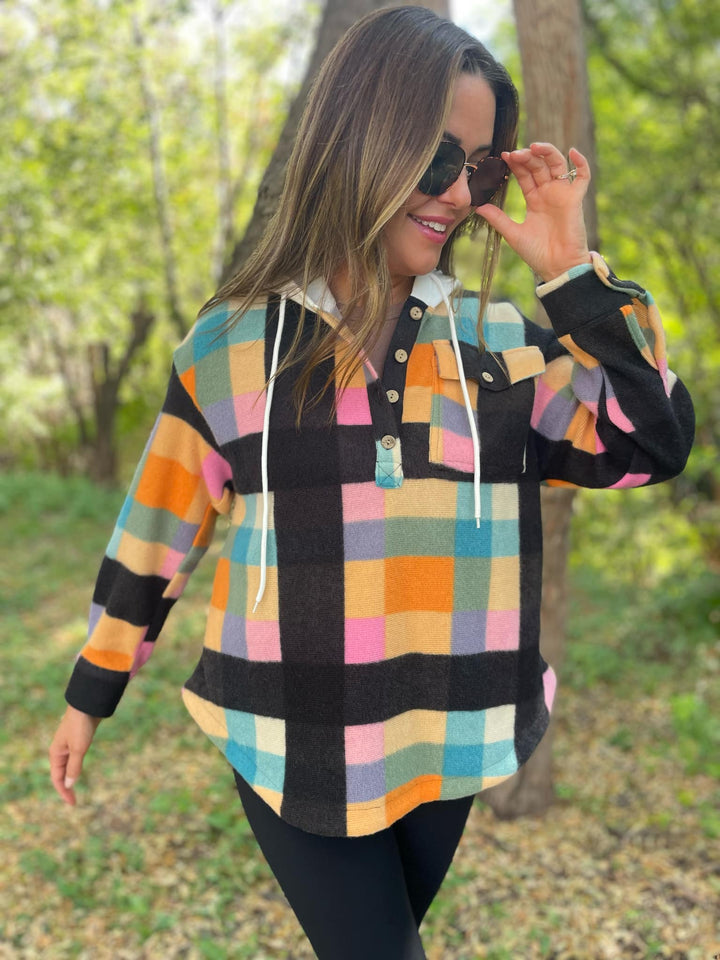 PREORDER: Rainbow Plaid Button Hoodie-Womens-Inspired by Justeen-Women's Clothing Boutique