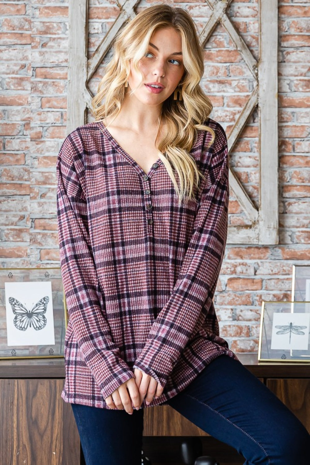 Heimish Full Size Plaid V-Neck Long Sleeve Top-110 Long Sleeve Tops-Inspired by Justeen-Women's Clothing Boutique