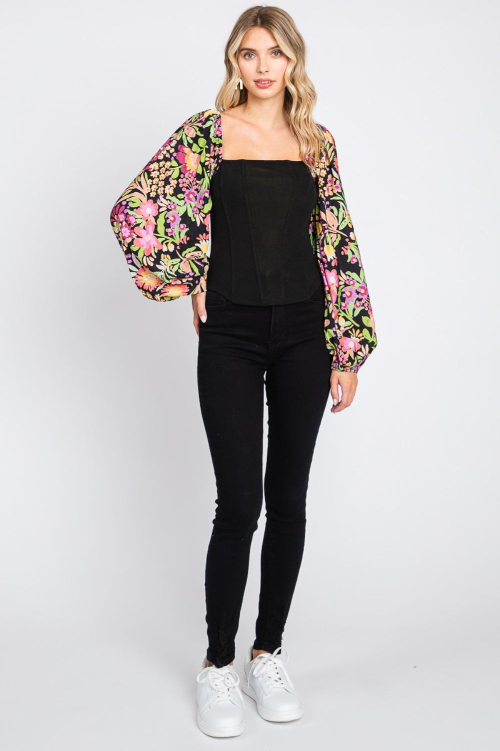ODDI Full Size Floral Balloon Sleeve Blouse-110 Long Sleeve Tops-Inspired by Justeen-Women's Clothing Boutique in Chicago, Illinois
