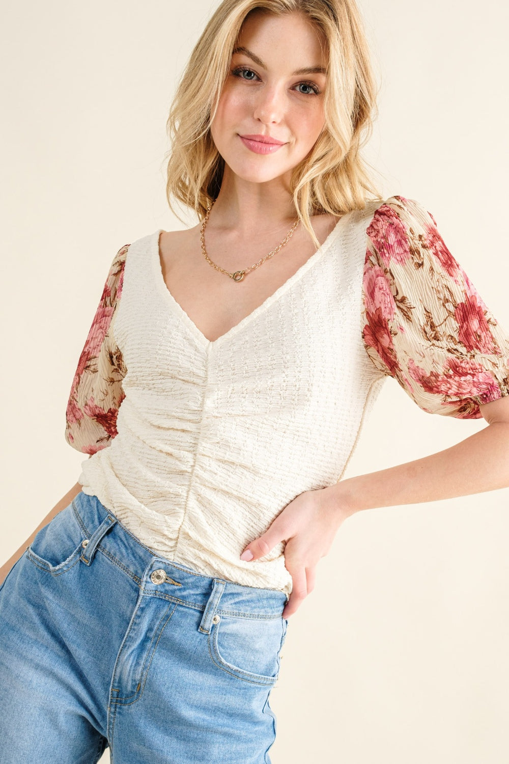 And The Why Full Size Floral Print Textured Sleeve Knit Top-100 Short Sleeve Tops-Inspired by Justeen-Women's Clothing Boutique