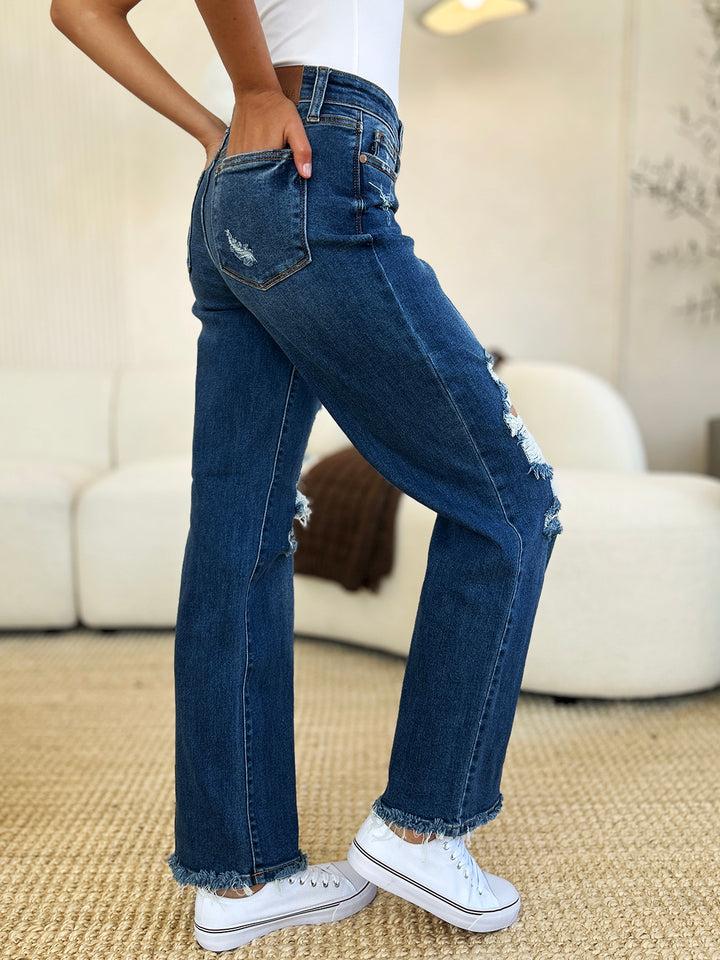 Judy Blue Full Size Mid Rise Distressed Raw Hem Jeans-Denim-Inspired by Justeen-Women's Clothing Boutique