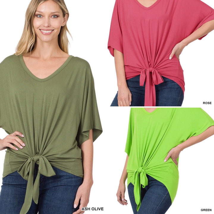 Zenana Lily Luxe Rayon V-Neck Front Tie Top-Short Sleeve Tops-Inspired by Justeen-Women's Clothing Boutique in Chicago, Illinois