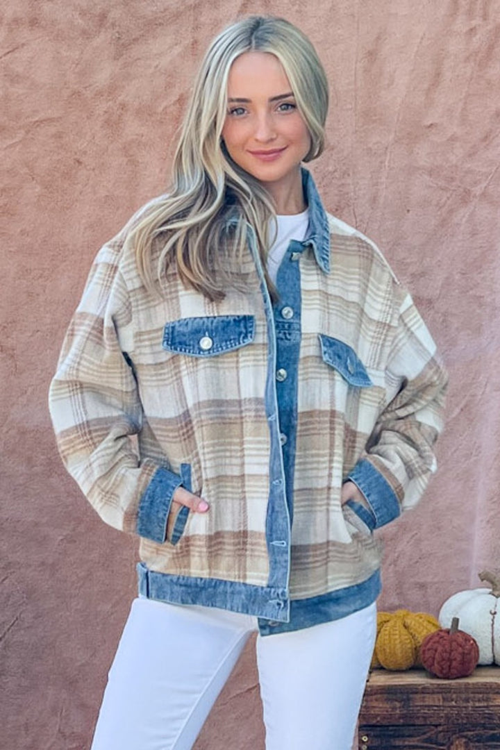 And The Why Full Size Washed Denim Detail Brushed Plaid Jacket-Outerwear-Inspired by Justeen-Women's Clothing Boutique