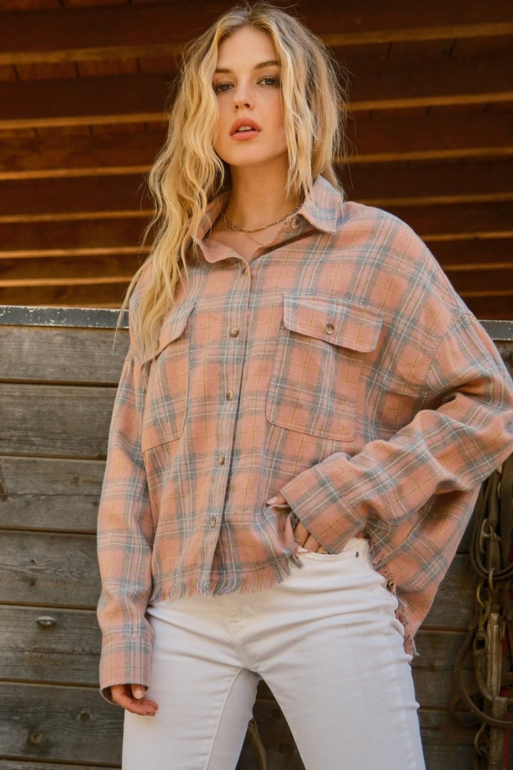 And The Why Full Size Plaid Button Up Raw Hem Shirt-Outerwear-Inspired by Justeen-Women's Clothing Boutique