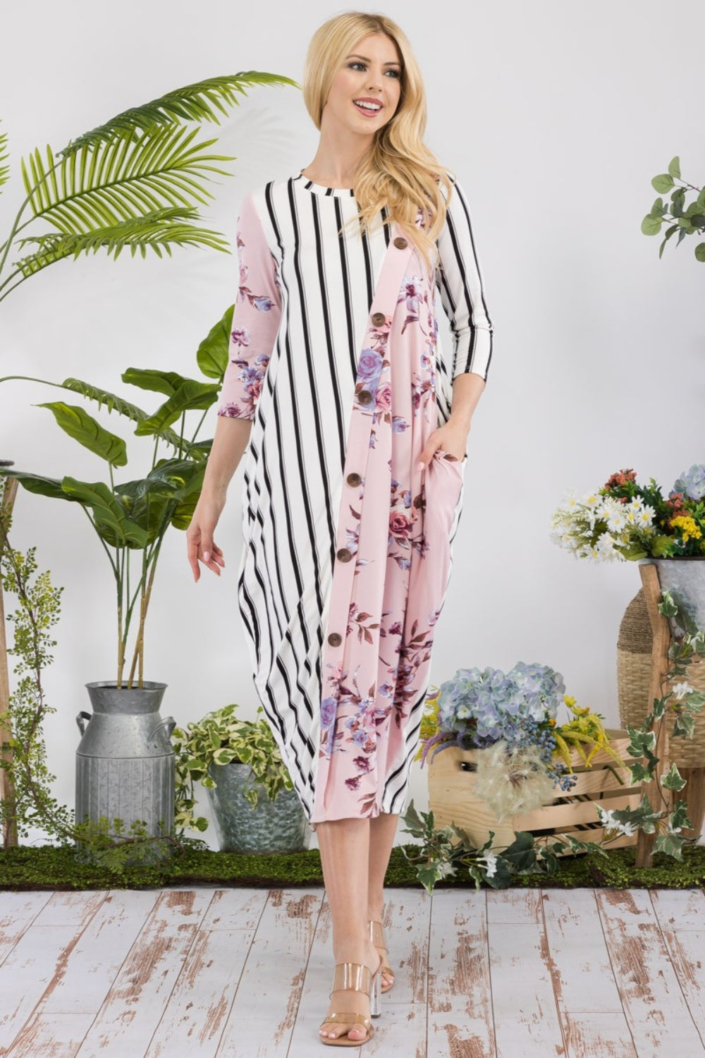 Celeste Full Size Floral Striped Contrast Midi-Dress with Pockets-Dresses-Inspired by Justeen-Women's Clothing Boutique