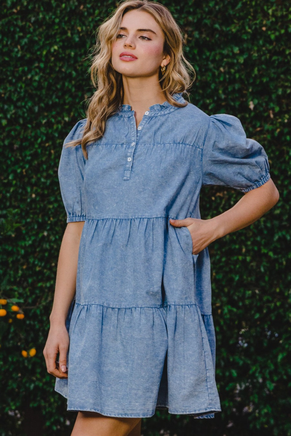 ODDI Washed Tiered Mini Denim Dress-Dresses-Inspired by Justeen-Women's Clothing Boutique in Chicago, Illinois