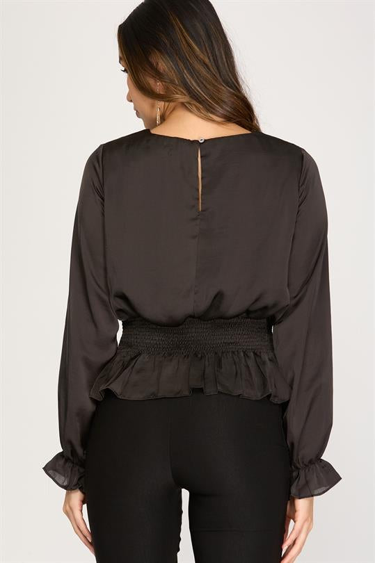 Chelsea Long Sleeve Satin Smocked Top, Black-Long Sleeve Tops-Inspired by Justeen-Women's Clothing Boutique in Chicago, Illinois