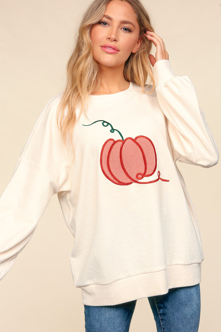 Haptics Full Size Embroidery Pumpkin Long Sleeve Knit Top-110 Long Sleeve Tops-Inspired by Justeen-Women's Clothing Boutique