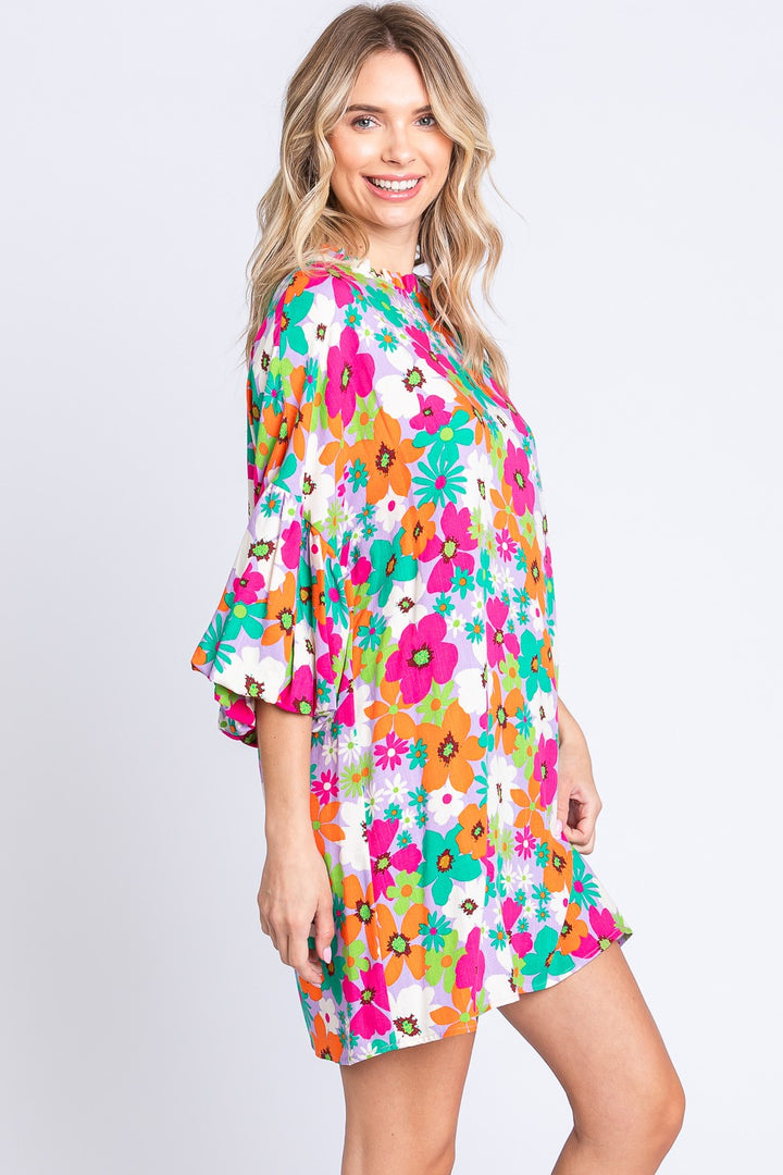 GeeGee Full Size Floral Round Neck Lantern Sleeve Mini Dress-Dresses-Inspired by Justeen-Women's Clothing Boutique in Chicago, Illinois