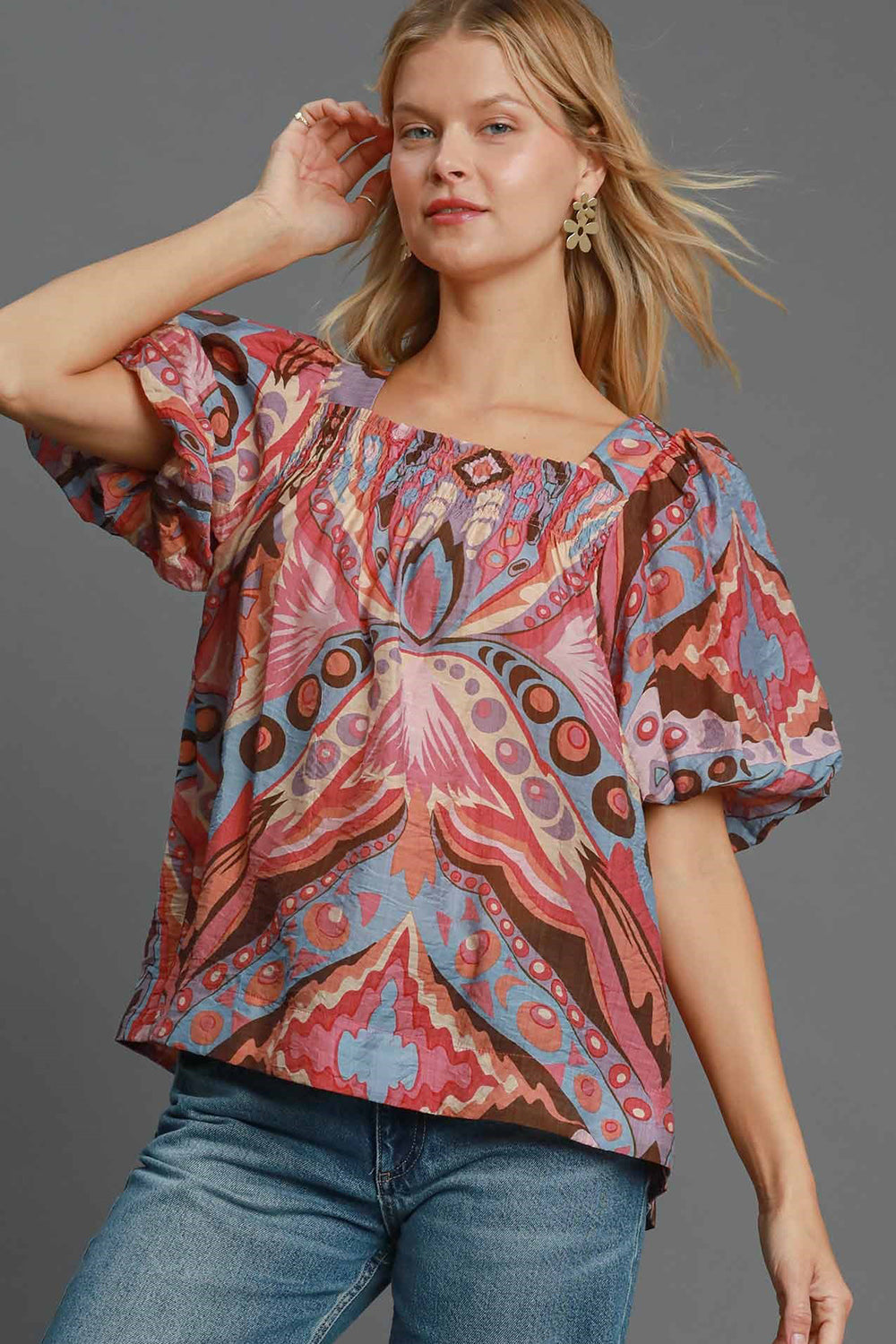 Umgee Full Size Abstract Print Smocked Square Neck Puff Sleeve Blouse-100 Short Sleeve Tops-Inspired by Justeen-Women's Clothing Boutique